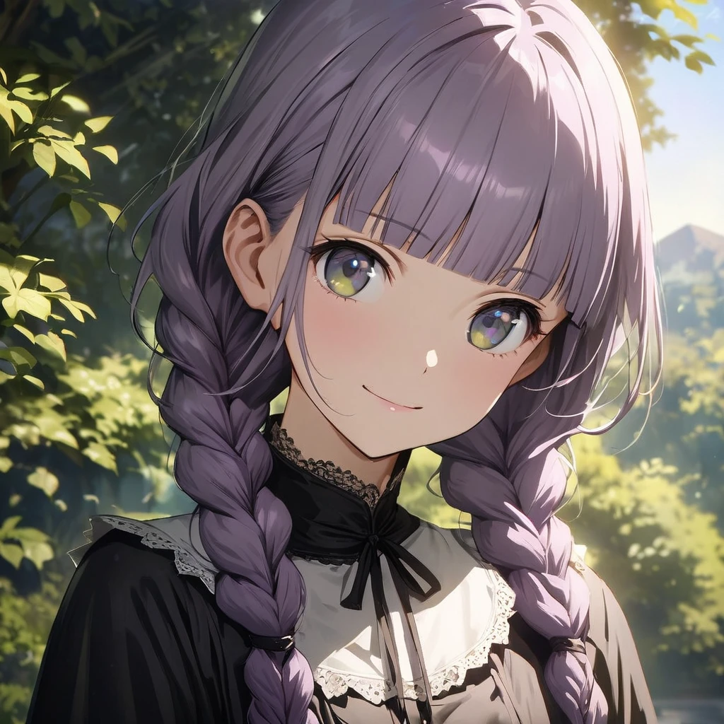 (Cute a girl:1.5), (masterpiece:1.3), anime visual, (Lovey-dovey:1.5), (tilt head:1.3), extremely delicate face, realistic lighting and shading, (an extremely delicate and beautiful art:1.3),,smiling,(pale purple wavy and blunt bangs braids hair,green and black eyes,portrait:1.5)from front,fullbody shot,full body shot,White brim, black gothic maid outfit, black knee-high socks, leather shoes, outdoors,morning lit,cowboy shots,
