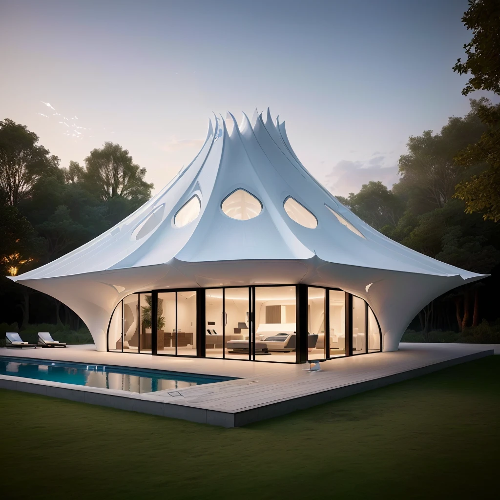 There is a white tent,There is a swimming pool in the middle, tent architecture, Zaha Hadid Octane Highlights Rendering, Zaha Hadid Style architect, Futuristic House, Stylish Utopian Design, Moonlight Rendering, Futuristic Palace, Ultra-futuristic architecture, Zaha Hadid Style, Futuristic architecture concept, futuristic utopian architecture, Futuristic and ethereal, Architectural Visualization