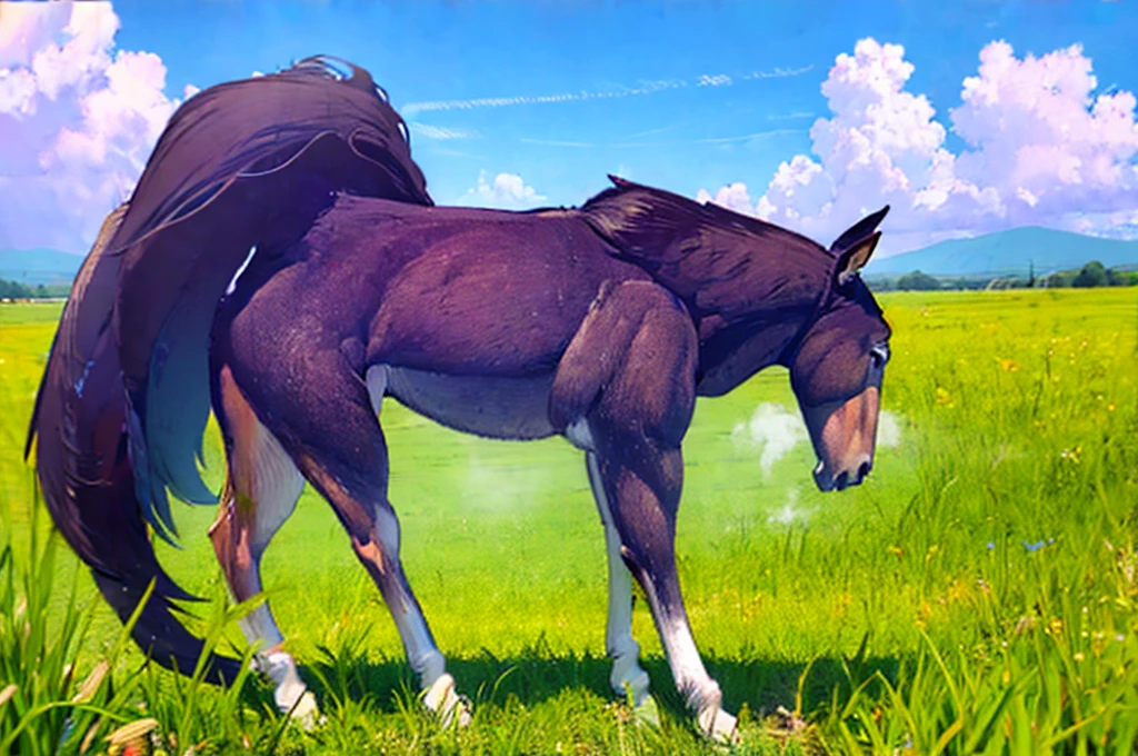  full figured very dark skinned African woman riding a big  Belgian draft horse  mare (side view). big bum. very short tail. horse facing horizon .   flat grass meadow. steaming horse dung behind horse.   cloudless blue sky. 