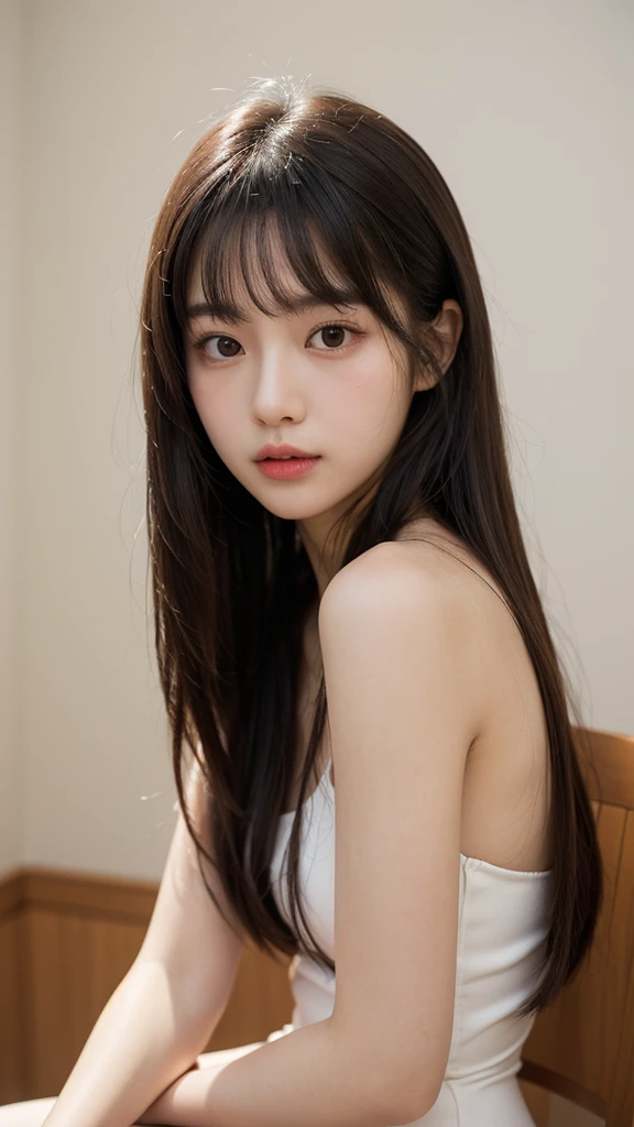 Close-up of a woman with long hair and a cigarette, Ela tem cabelo preto With bangs, Ulzzang, With bangs completa, Larisa Manovar, With bangs, Korean, cabelo arrumado With bangs, Young and pretty Asian face, cabelo comprido With bangs completa, cabelos longos With bangs, Young and adorable Korean face, Pale, round face, young asian girl, complete naked, complete closed mouth,