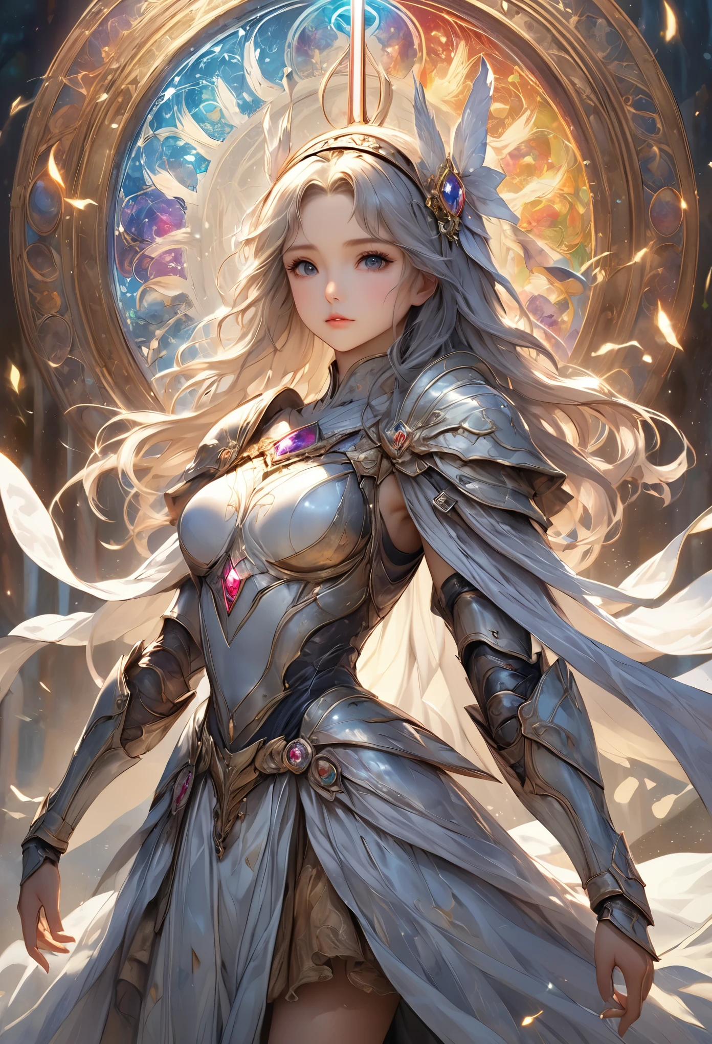 8K resolution, masterpiece, Highest quality, Award-winning works, unrealistic, sole sexy lady, healthy shaped body, 25 years old, white wavy long hair, hair band, big firm bouncing bust, ancient roman military commander's armor, Pure white armor with a complex structure, royal coat of arms, excalibur, elegant, Very detailed, Digital Painting, artステーション, コンセプトart, Smooth, Sharp focus, shape, artジャム、Greg Rutkowski、Alphonse Mucha、William Adolphe Bouguereau、art：Stephanie Law , Magnificent royal background, Royal Jewel, nature, Full Shot, Symmetric, Greg Rutkowski, Charlie Bowwater, beep, Unreal 5, Surreal, Dynamic Lighting, ファンタジーart, Complex colors, Colorful magic circle, flash,  dynamic sexy poses