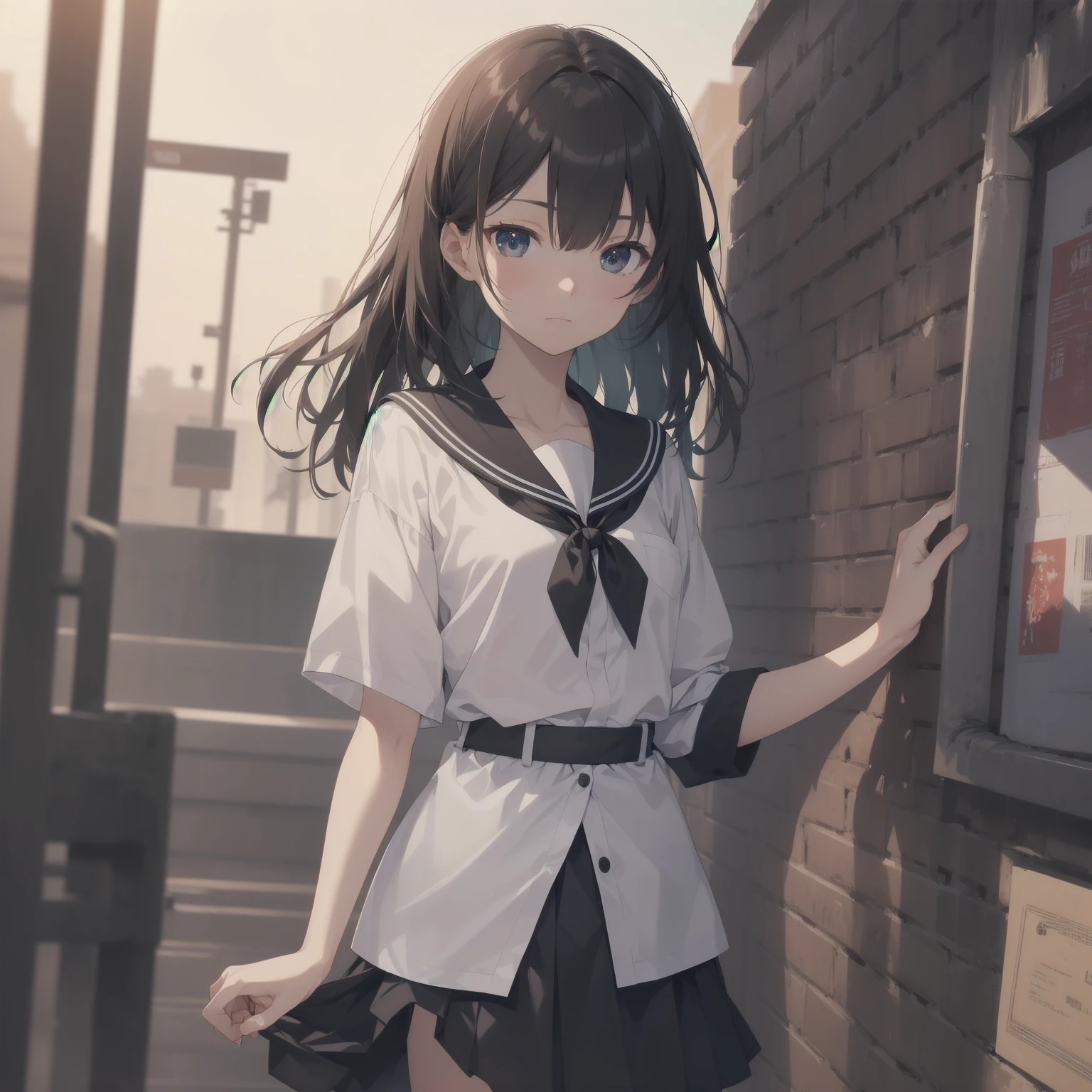 ultra-absurdres-Top quality by artist God, ultra-detailed, high resolution, anime moe artstyle, best anime 8k konachan wallpaper, pixiv contest winner, pool:2810, perfect anatomy,break, 1girl, (Please draw a girl walking sleepily to school alone. )break,(Solo,little female, 13-year-old:1.3),Full limbs, complete fingers,a junior high school student, (very short hair), short cut, flat chest, , small butt, small black eyes, beautiful detailed eyes, well-proportioned iris and pupils, expressive eyes, highres detailed hair, soft expression, salor school_uniform, sailor collar, serahuku, bow, pleated skirt,(Detailed Lighting), (Detailed background), in the School commute route. break,super detailed skin, Best cinematic lighting powered by famous artist, 8k,beauty illustration,photoshop_(medium),very aesthetic,break,((artist:saiguchi_otoufu )), artist:clamp ,artist:carnelian ,artist:kantoku ,
