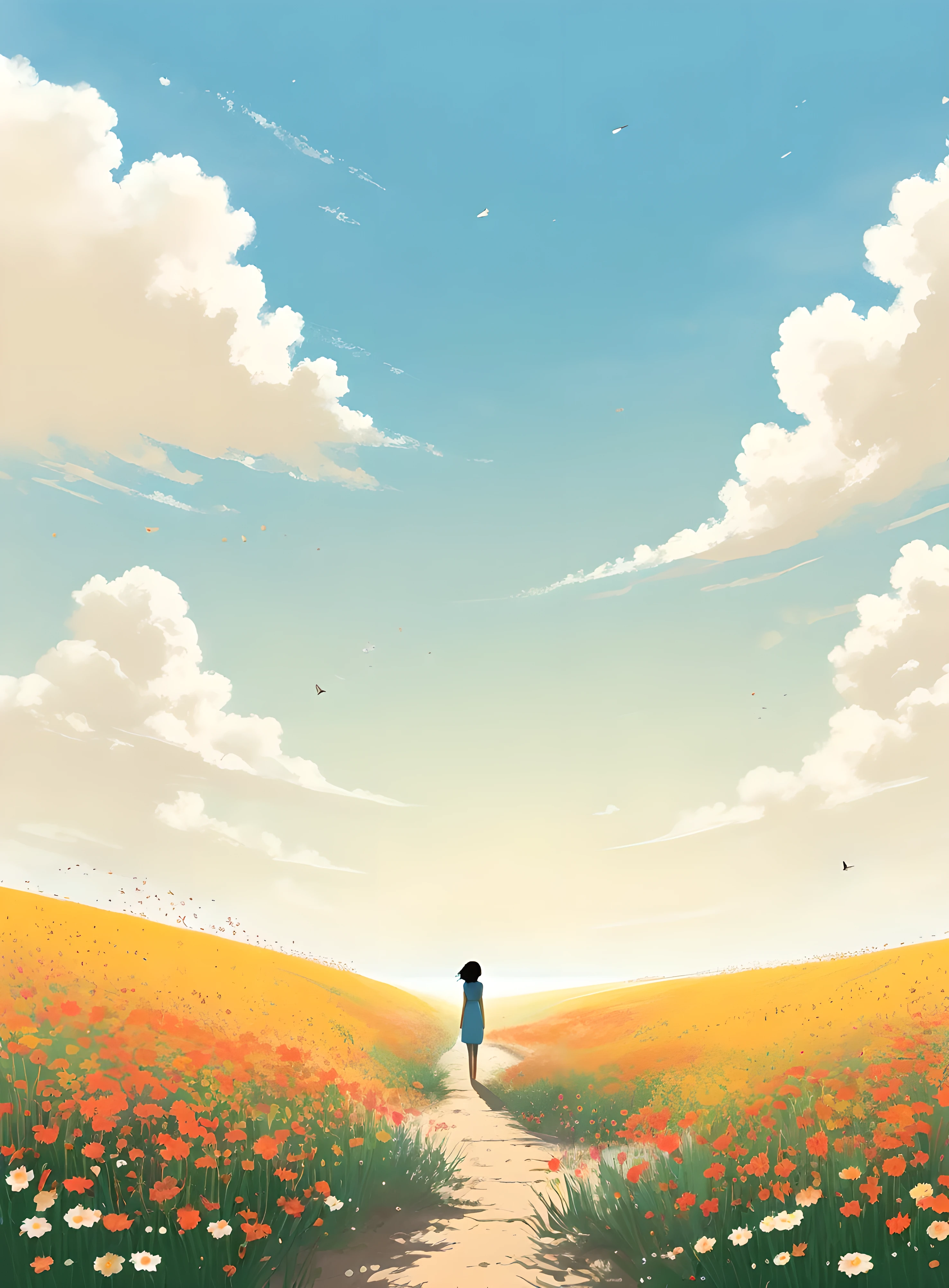 Minimalist Journey, Sea of Flowers,solitary, 1 girl looking up at the sky, Minimalism, In the savannah, illustration.