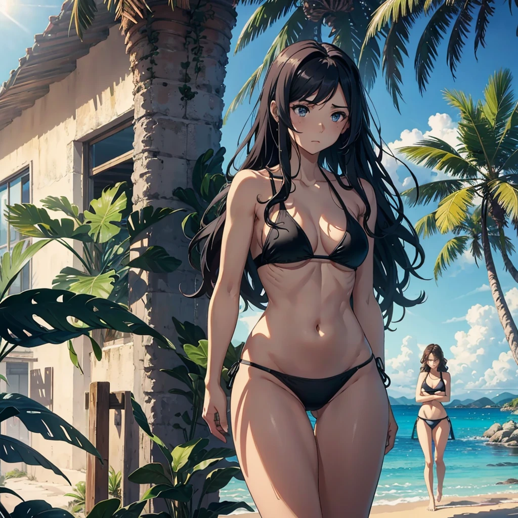 In an explicit yet captivating scene, two slender figures stand against the backdrop of a tropical paradise, their silhouettes accentuated by the soft lighting of the setting sun. One, a woman with long, wavy hair cascading down her shoulders, stands barefoot, her toned body clad in a ripped bikini top that subtly reveals the curves of her small but well-defined chest. Her expression is a mix of frustration and longing, her eyes locked onto the other woman.
The other woman, standing taller due to her towering Mini Giant stature, is equally attractive. She wears a tank top that hugs her thin yet feminine frame,