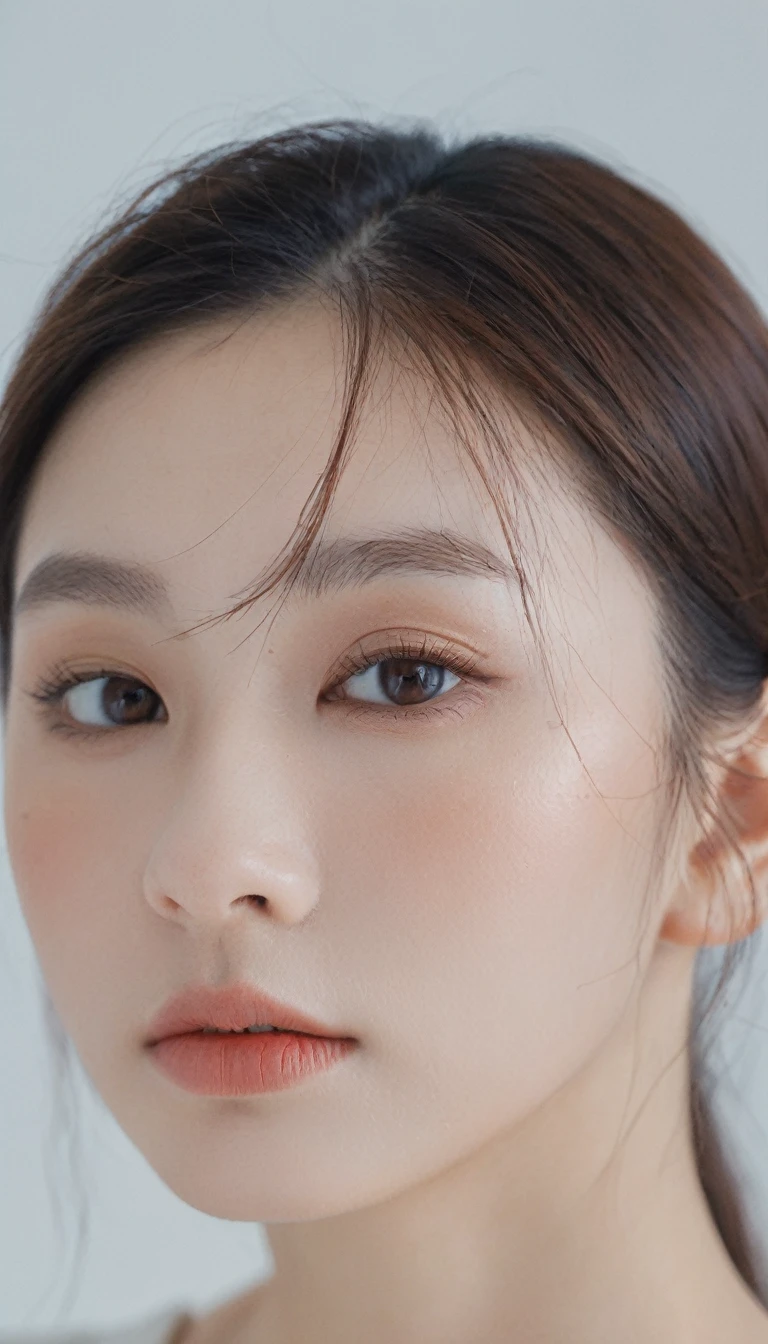 xxmixgirl, Analog Style, Eye focus, Highest quality, (Very detailed skin), Exquisitely beautiful white skin photos, 22 years old, Perfect Face, Captivating eyes, (Seductive makeup: 1.3), Skin pores, (Bokeh:1.5), Sharp focus, Dappled Lighting, (Backlight), Film Grain, (Very detailed, Exquisitely crafted), 8K, High resolution, Front view, Studio Light, Very detailed顔, Fine grain, (double eyelid: 1.4), Aristogle, Brown eyes, (commercial: 1.6), (Natural Makeup), ((White studio background: 2))、Summery white fashion