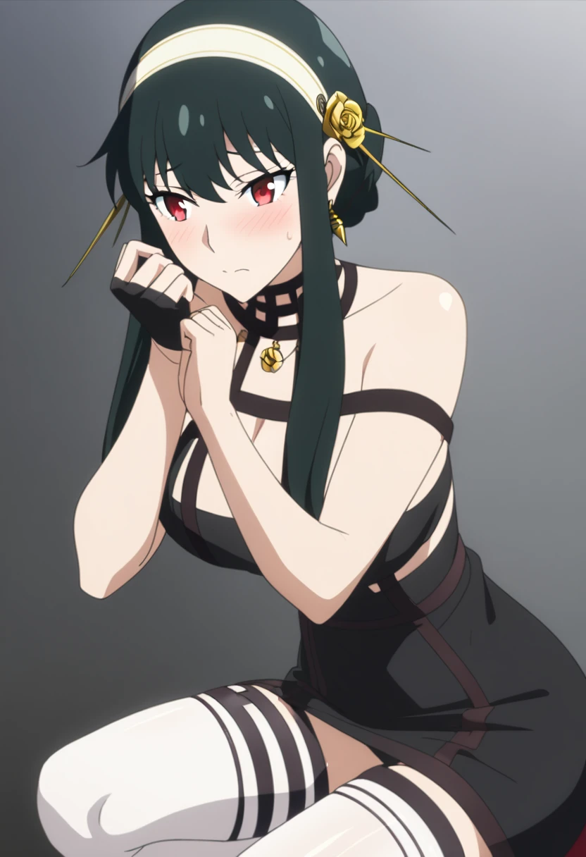 yorbriar,yor briar,Anime female character, sexy, voluptuous, shy expression, long black hair, straight hair, bangs covering part of her forehead, red eyes, gentle gaze, soft look, shy, black tight dress, high slit dress, suspender design, Shiny fabric, revealing, white garter stockings, golden hairpin, black fingerless gloves, simple necklace, thigh strap, dagger or dagger, metallic luster, worn on the waist or in hand, Asian squatting, legs spread, looking at the camera
Background: A simple solid color background (white or gray) that emphasizes character details
Lighting: Highlight body curves, moderate shadows to add depth