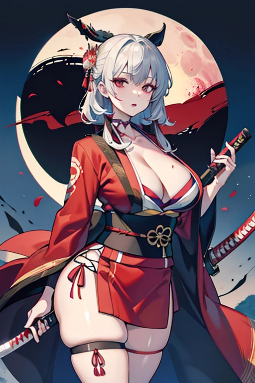 Solo,, haori, thick thighs, outstanding details, blood,big breakimono, parted lips, katana,scar on chest,standing,