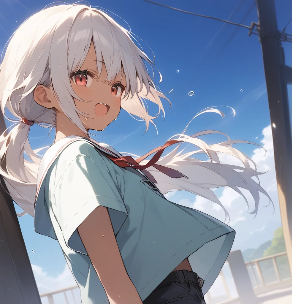 score_9, score_8_up, score_7_up, source_anime, best quality, masterpiece, official art, absurdres, highres, ultra-detailed,waifu2x,Collection: Slice of Life,break,1girl, tomboy, dark-skinned female, short hair, low ponytail, flat chest, beautiful detailed eyes, short shorts, sweat, open mouth, (yawn:0.3), sleepily, outdoors, wind, break,(clear line illustration:1.2),very high resolution, very aesthetic, super detailed skin, Best sexual lighting powered by famous artist, 8k,cute picture,beauty illustration,photoshop_(medium),,(Detailed Lighting),best anime 8k konachan wallpaper, pixiv contest winner, 