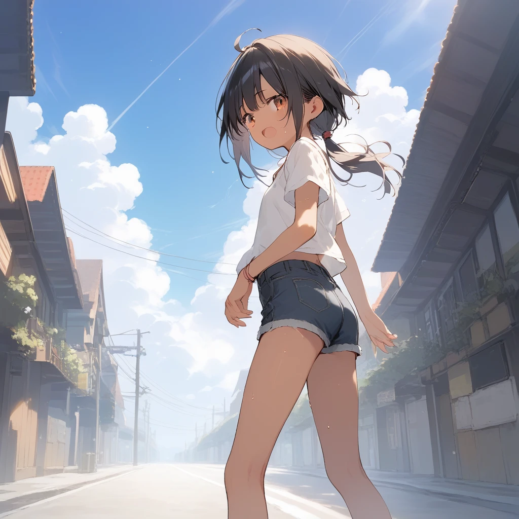 score_9, score_8_up, score_7_up, source_anime, best quality, masterpiece, official art, absurdres, highres, ultra-detailed,waifu2x,Collection: Slice of Life,break,1girl, tomboy, dark-skinned female, short hair, low ponytail, flat chest, beautiful detailed eyes, short shorts, sweat, open mouth, (yawn:0.3), sleepily, outdoors, wind, break,(clear line illustration:1.2),very high resolution, very aesthetic, super detailed skin, Best sexual lighting powered by famous artist, 8k,cute picture,beauty illustration,photoshop_(medium),,(Detailed Lighting),best anime 8k konachan wallpaper, pixiv contest winner, 