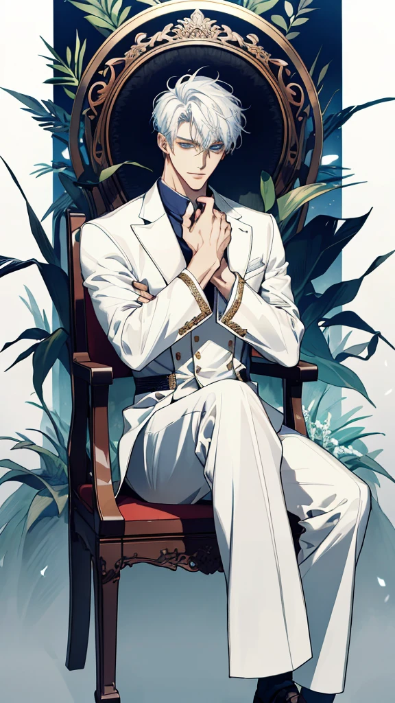 (extreamly delicate and handsome:1.2), 8K,(шедевр:1.0),(best_quality:1.0), 1man sitting at the wood chair, finely eye and detailed face, white simple ordinary outfit, ruinscape background, (closed mouths),long white hair, Perfect eyes, blue sea eyes, Equal eyes, (A male god)