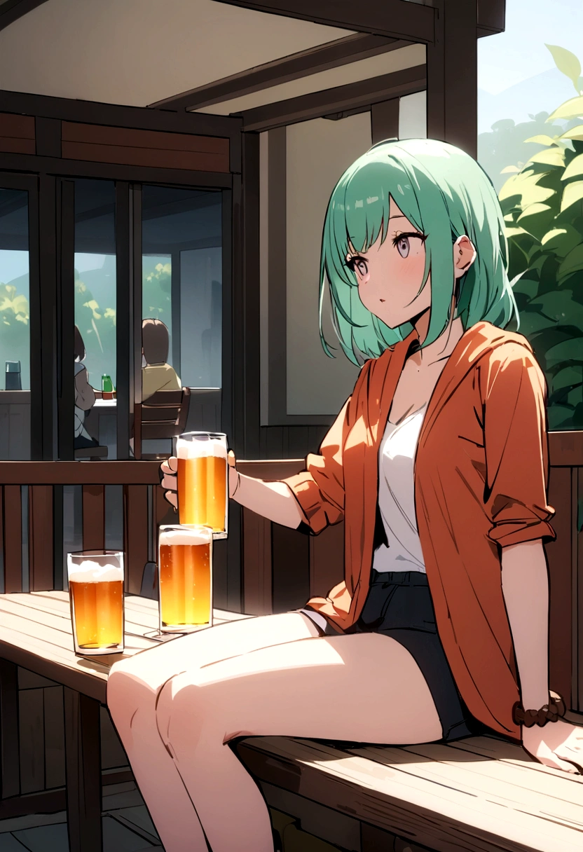 Very cool woman Sit and drink beer on your day off.