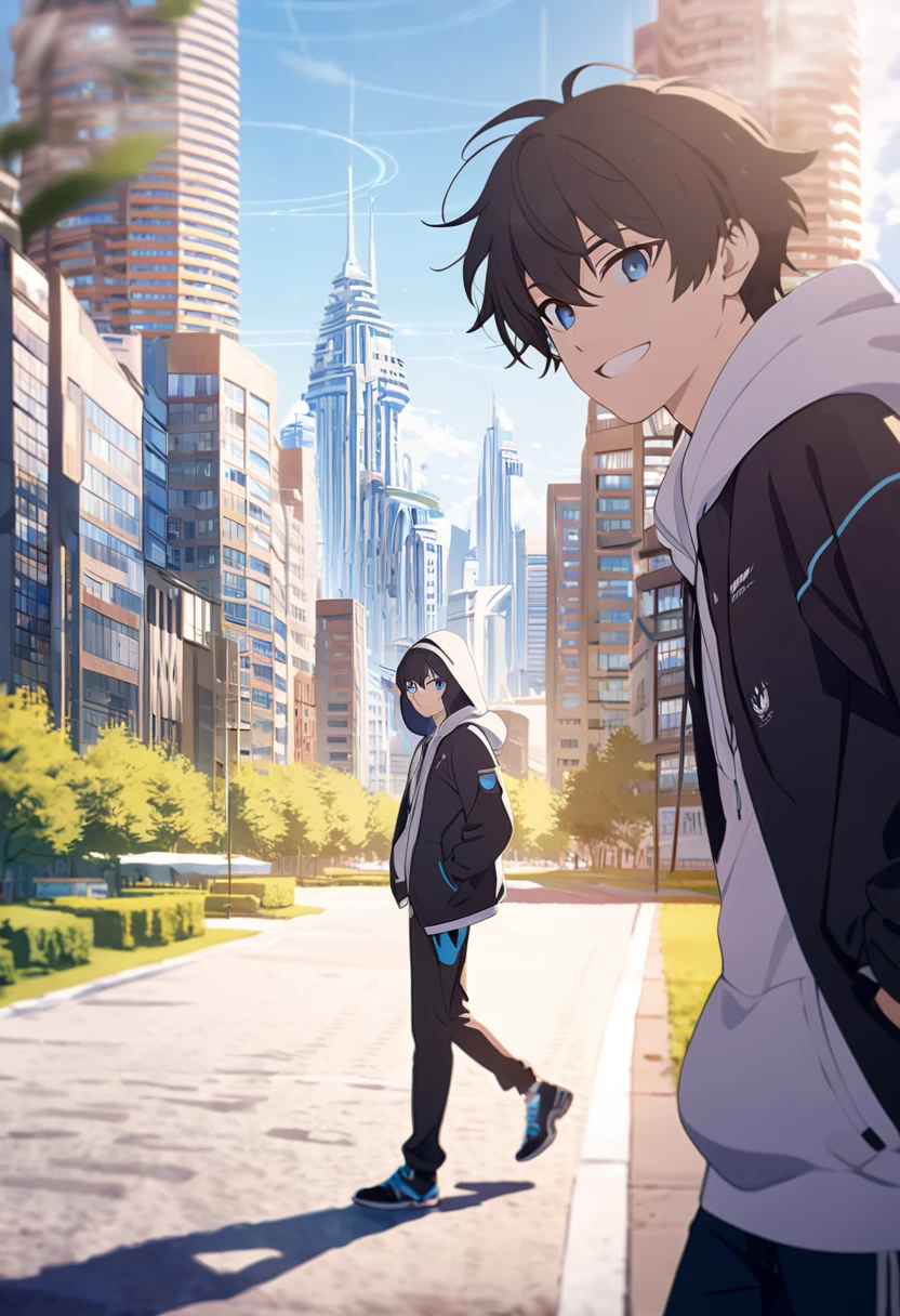 masterpiece,best quality,depth of field,8K,looking at the viewer,running shoes,black hair,blue eyes,afternoon,man,hands in pockets,smiling,alone,Handsome,(charismatic eyes 1:1),wseifuku,Black jacket over white hoodie,hooded,Future city,man