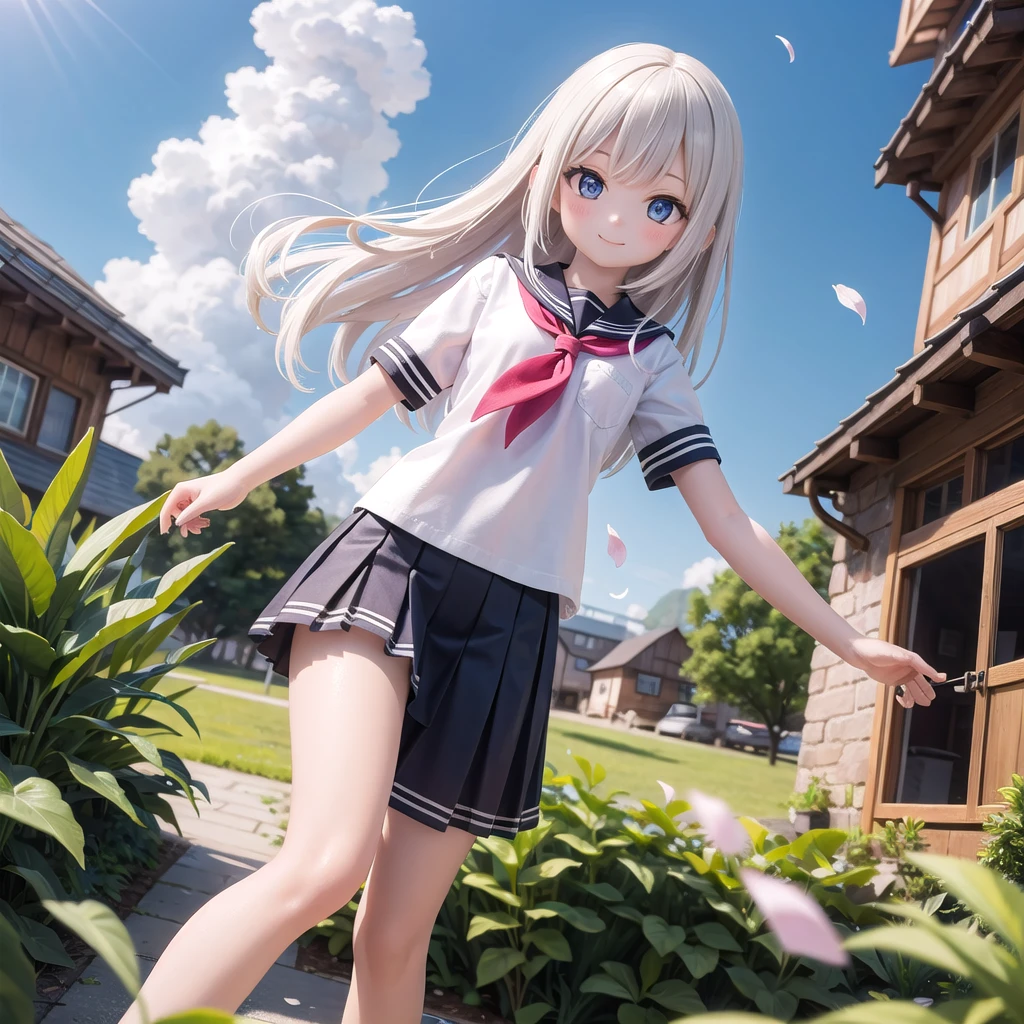 (masterpiece), town, blue sky, One girl, smile, alone, Sailor suit、Below-the-knee skirt, Overgrown, petal, plant、Skirt lining、Translucent slip