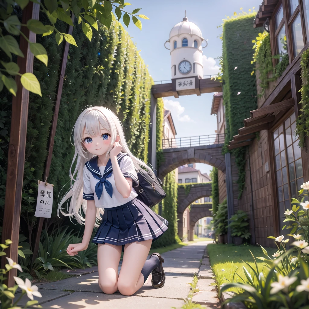 (masterpiece), town, blue sky, One girl, smile, alone, Sailor suit、Below-the-knee skirt, Overgrown, petal, plant、Skirt lining、Translucent slip
