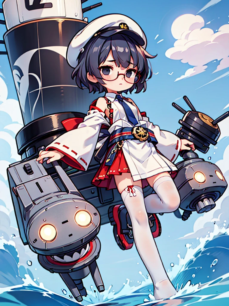((((Full body of a woman with perfect flat chest、solo、Short unkempt black hair、Tie up your messy hair at the nape of your neck、white military jacket、Miko costume、tights、Black glasses、White military cap、Cloudy black eyes、Sleepy expression)))), (((masterpiece))), (((Shipgirl))), ((Floating on the morning sea with both feet)), (Spread your legs wide open), (Hold the turret with your right hand), (Mechanical arms extending from the waist are used to equip the ship with battleship equipment.), (Equipped with a turret on the back), (Holds the turret with his left arm), Shotgun shells are attached to the thigh with a belt, Spreading the Machine&#39;s Wings, Machine tail,  shotgun, 