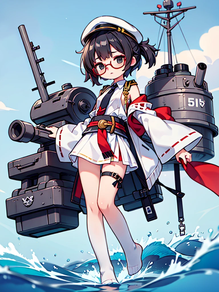 ((((Full body of a woman with perfect flat chest、solo、Short unkempt black hair、Tie up your messy hair at the nape of your neck、white military jacket、Miko costume、tights、Black glasses、White military cap、Cloudy black eyes、Sleepy expression)))), (((masterpiece))), (((Shipgirl))), ((Floating on the morning sea with both feet)), (Spread your legs wide open), (Hold the turret with your right hand), (Mechanical arms extending from the waist are used to equip the ship with battleship equipment.), (Equipped with a turret on the back), (Holds the turret with his left arm), Shotgun shells are attached to the thigh with a belt, Spreading the Machine's Wings, Machine tail, shotgun,