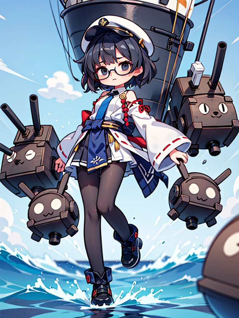 ((((Full body of a woman with perfect flat chest、solo、Short unkempt black hair、Tie up your messy hair at the nape of your neck、white military jacket、Miko costume、tights、Black glasses、White military cap、Cloudy black eyes、Sleepy expression)))), (((masterpiece))), (((Shipgirl))), ((Floating on the morning sea with both feet)), (Spread your legs wide open), (Hold the turret with your right hand), (Mechanical arms extending from the waist are used to equip the ship with battleship equipment.), (Equipped with a turret on the back), (Holds the turret with his left arm), Shotgun shells are attached to the thigh with a belt, Spreading the Machine's Wings, Machine tail, shotgun,