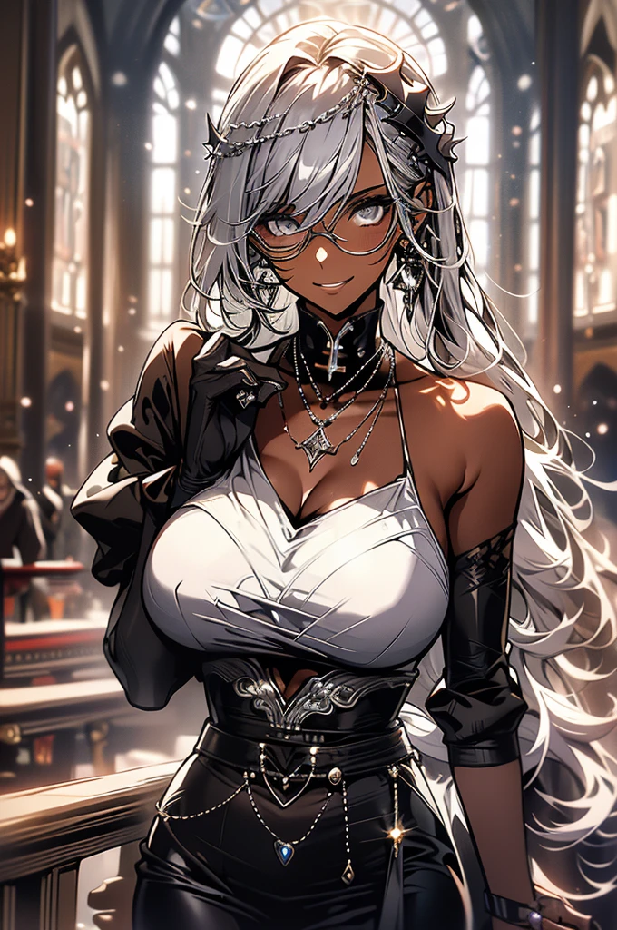 glowing eyes, lustrous dark skin, white hair, black ribbon in hair, high-waist white dress, tulle skirt, library background
