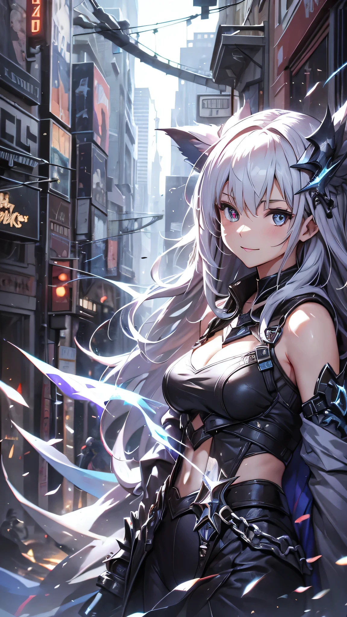 Highest quality、Highest quality、Masterpiece、girl((20-year-old、as soon as、Highest Bust、Medium Bust、Wide open chest、Red glowing eyes、Light Silver Hair、Disheveled Hair、Loincloth、thin、The best valley、Open chest、Full body view、Colorful tank top、Colorful Pants、Smile、Leaning forward greatly))、high quality、Beautiful Art、background((Bright Cities))、flight、Flying Debris、Depth of text、movie、Visual Arts、Perfect Art、8K、Genuine、
