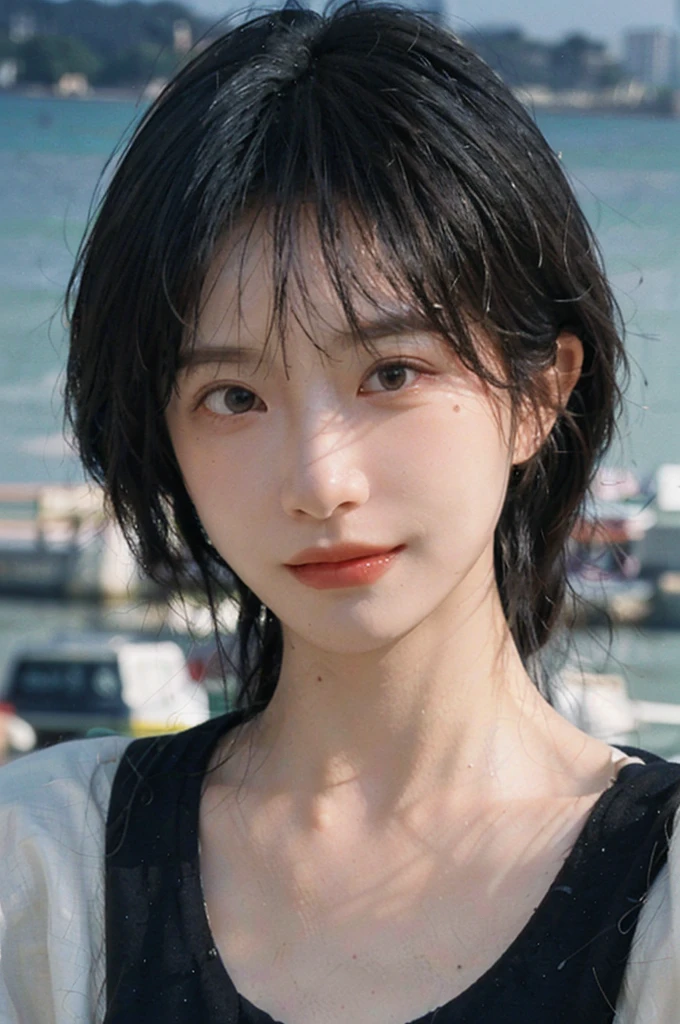 (Skin details:1.4), (smooth skin textures:1.3), Lipstick, background, Direct vision, earrings, serene, calm, (Realistic and detailed eyes:1.2), Natural skin texture, Realistic facial details, Soft dramatic lighting, Vivid details, 35 mm film, outdoor, (Photo Practical:1.4), (hyper Practical:1.4), (Practical:1.3), (Smoother lighting:1.05), (Improve lighting quality:0.9), (Highest quality real skin textures:1.4), Exquisite eyes, Delicate face, (Close-up of face, (Enhance the beauty of skin texture:1.1), Hair details, Noble temperament, (Black clothes 1.3), normal body ratio, short hair, Headband, Moles under the eyes, thinking, A faint smile, Seaside background, seaside, Portrait Photography, Depth of Field, Bokeh, Surrealism, Ray Tracing, (Portrait Photography:1.1), Surrealism, High Detail, Chiaroscuro, Ray Tracing, reflected light, Ultra HD, Ultra HD, masterpiece, Textured Skin, Super Detail, High Details, high quality, best quality