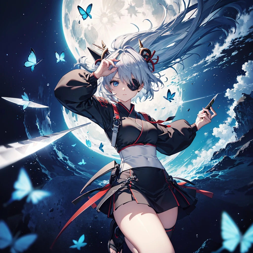 (((1 person put on an eyepatch Gray Hair Qinglong))) ((Jumping kick)) ((High resolution short hair shoulder Also々funny Face knifeを胸の前で構える)) ((Black Band Ninja Lonely despair blue eyes close)) ((Blue Butterfly night Japanese style old Shining Aura Jump Catch the wind Distorted Space)) (dance 日本knife knife Slashing) 月night moonlight star Shuriken Shining Background Shining Edges