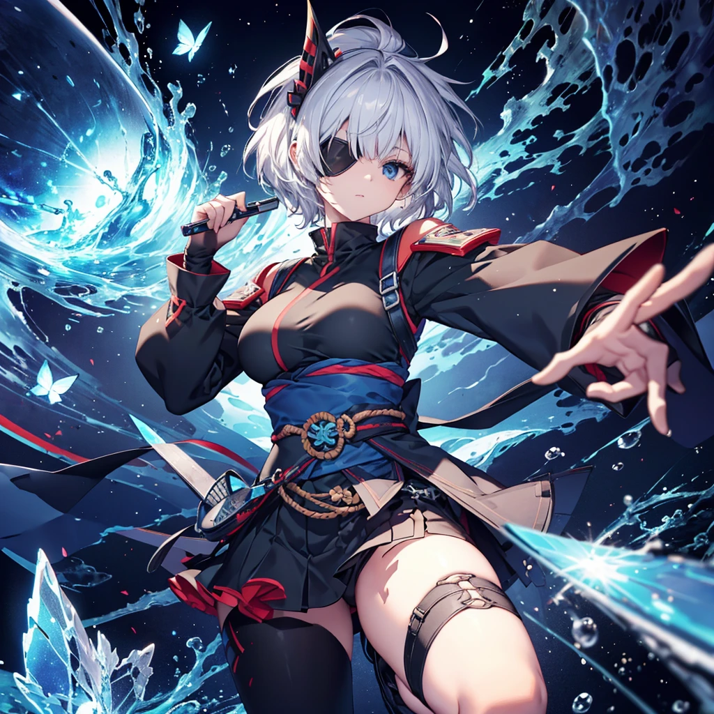 (((1 person　put on an eyepatch　Gray Hair　Qinglong)))　((Jumping kick))　((High resolution　short hair　shoulder　Also々funny Face　knifeを胸の前で構える))　((Black Band　Ninja　Lonely　despair　blue eyes　close))　((Blue Butterfly　night　Japanese style　old　Shining Aura　Jump　Catch the wind　Distorted Space))　(dance　日本knife　knife　Slashing)　月night　moonlight　star　Shuriken　Shining Background　Shining Edges