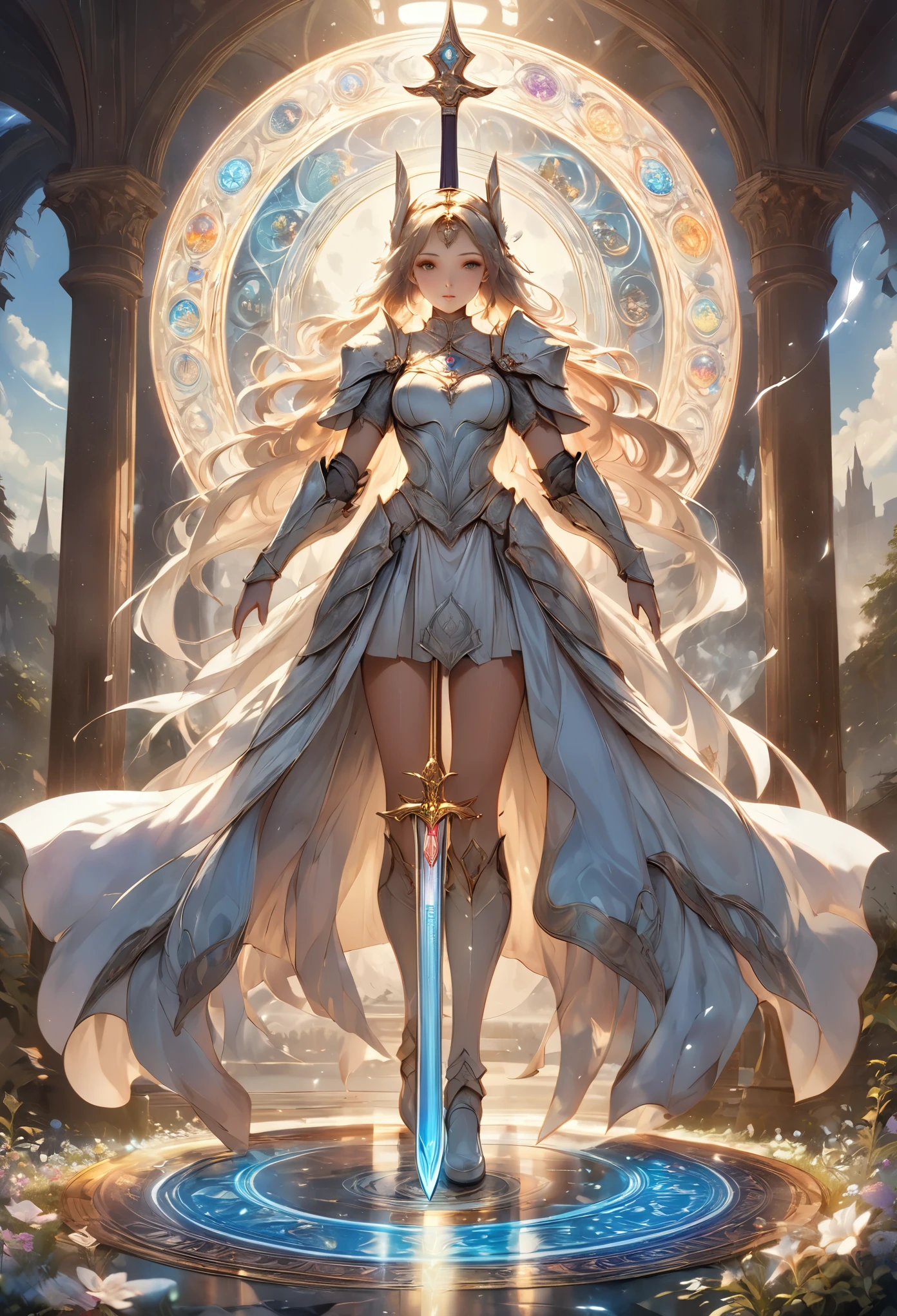 8K resolution, masterpiece, Highest quality, Award-winning works, unrealistic, sole sexy lady, healthy shaped body, 25 years old, white wavy long hair, hair band, big firm bouncing bust, ancient roman military commander's armor, Pure white armor with a complex structure, royal coat of arms, excalibur, elegant, Very detailed, Digital Painting, artステーション, コンセプトart, Smooth, Sharp focus, shape, artジャム、Greg Rutkowski、Alphonse Mucha、William Adolphe Bouguereau、art：Stephanie Law , Magnificent royal background, Royal Jewel, nature, Full Shot, Symmetric, Greg Rutkowski, Charlie Bowwater, beep, Unreal 5, Surreal, Dynamic Lighting, ファンタジーart, Complex colors, Colorful magic circle, flash,  dynamic sexy poses