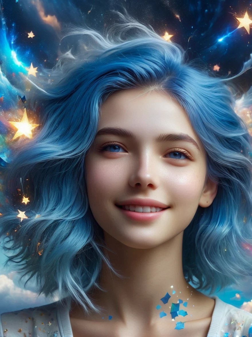 masterpiece, best quality, Aesthetic, fantasy, illusion, 1 Girl, Solitary, a photo of a cute girl, Detailed face, Relaxed smile, charming, Asymmetrical hair, Swaying hair, Electric blue hair, glow, cloud, Colorful sky, Star, shattered, Space style, Vortex Magic Style, Silva Magic Style, legendary, outstanding, Beautifully, elegant, luxury, Creative, beautiful classic contemporary detailed cinematic composition, Expressive and dynamic dramatic atmosphere