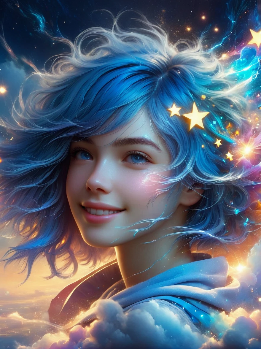 masterpiece, best quality, Aesthetic, fantasy, illusion, 1 Girl, Solitary, a photo of a cute girl, Detailed face, Relaxed smile, charming, Asymmetrical hair, Swaying hair, Electric blue hair, glow, cloud, Colorful sky, Star, shattered, Space style, Vortex Magic Style, Silva Magic Style, legendary, outstanding, Beautifully, elegant, luxury, Creative, beautiful classic contemporary detailed cinematic composition, Expressive and dynamic dramatic atmosphere