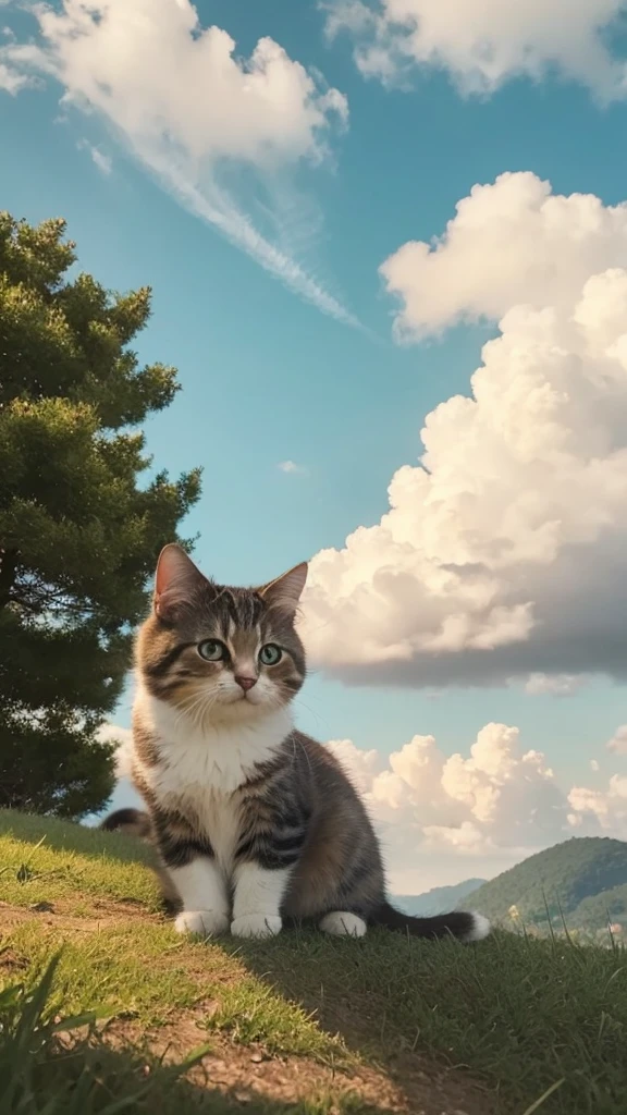 A dreamlike landscape。There are fluffy clouds spreading out、Soft light shines in。In the middle is a cute little cat.、The fur is soft and shiny like a dream.。The cat's eyes are large and round.、It shines like a shining star。Flowers of gentle colors bloom all around.、The air is quiet and calm。Please draw the cat in this dream.。