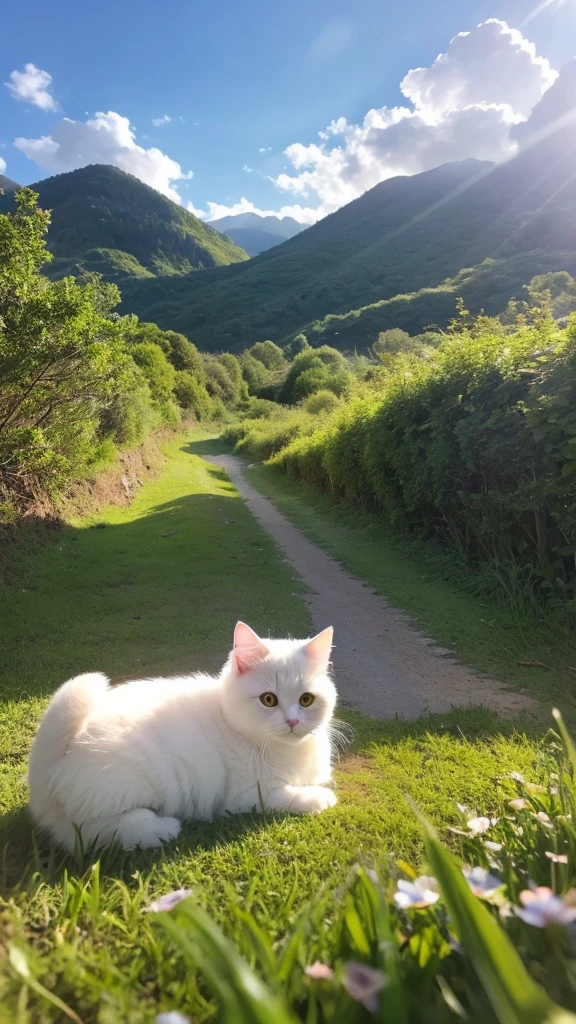 A dreamlike landscape。There are fluffy clouds spreading out、Soft light shines in。In the middle is a cute little cat.、The fur is soft and shiny like a dream.。The cat&#39;s eyes are large and round.、It shines like a shining star。Flowers of gentle colors bloom all around.、The air is quiet and calm。Please draw the cat in this dream.。