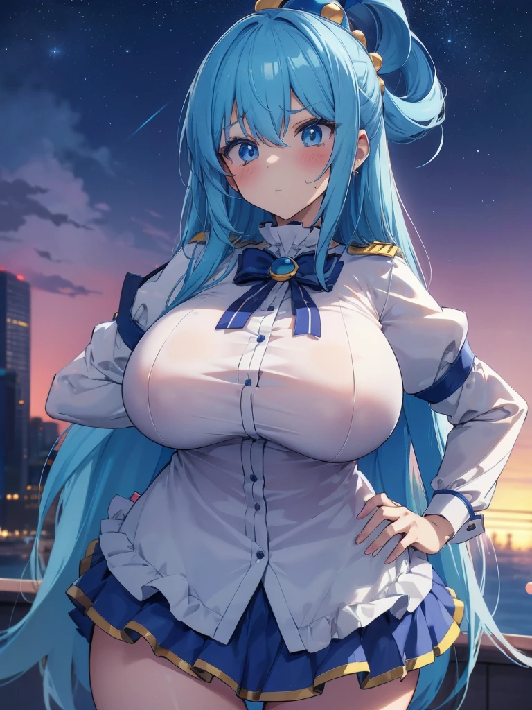 ((masterpiece)), ((Best quality)), (ultra detailed), ((kawaii)), Cute, (Beautiful), ((sexual)), ((extremely detailed)), 4K, (8 thousand.), Best quality, (Beautiful), illustration, anime style, (heavy line:1.2), Gradation, a Cute girl, 1 girl, Konosuba, Water, blue hair, detailed clothing, detailed fabric, Hair rings, (One:1.2), //, standing, (Place your hands on your hips), //, emphasizing the neckline and short skirt, slightly transparent top blouse, short pleated skirt, //, Perfect eyes, //, (sexual expression:1.2), fascinated expression, (frown at:1.2), (wicked), (blush:1.2), //, (Beautiful eyes) //, night sky, distant city lights, Raised skirt, Unbuttoned blouse, Police uniform, Cute, hips high, (huge breasts:1.2), mid thighs