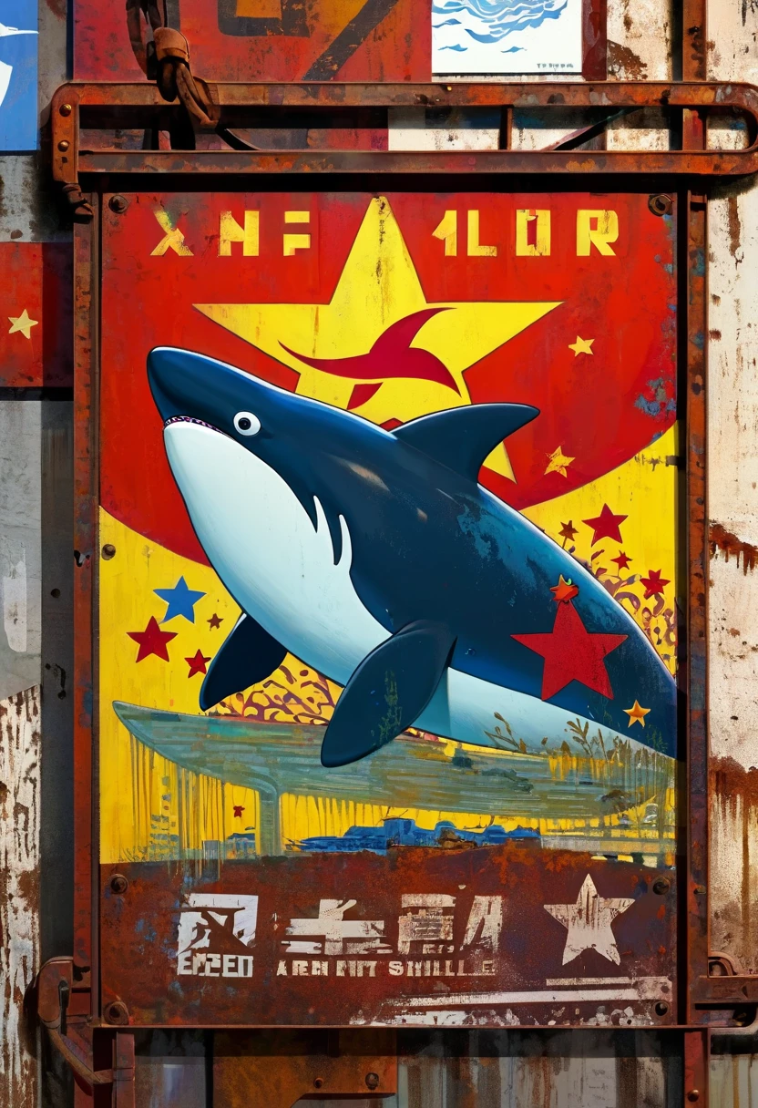simple decorative rusty metal sign with a drawing of an 1killer whale and a 1communist star, artwork inspired by Dave McKean, vivid colors, intricate details, oil painting.
