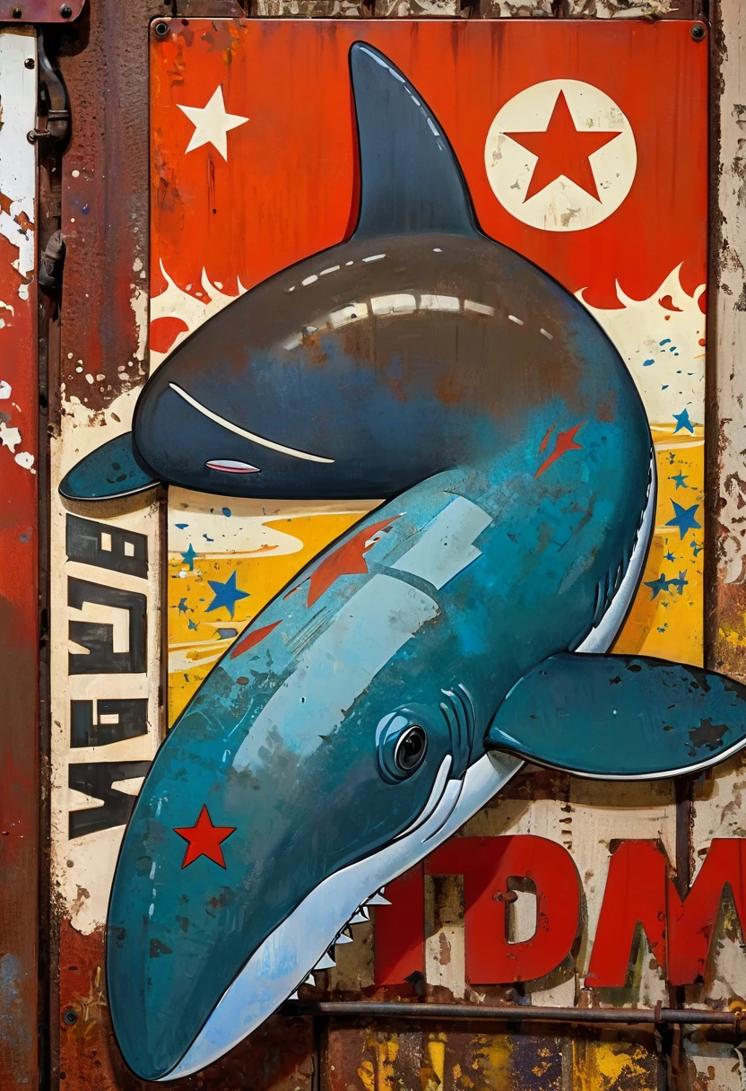 simple decorative rusty metal sign with a drawing of an 1killer whale and a 1communist star, artwork inspired by Dave McKean, vivid colors, intricate details, oil painting.
