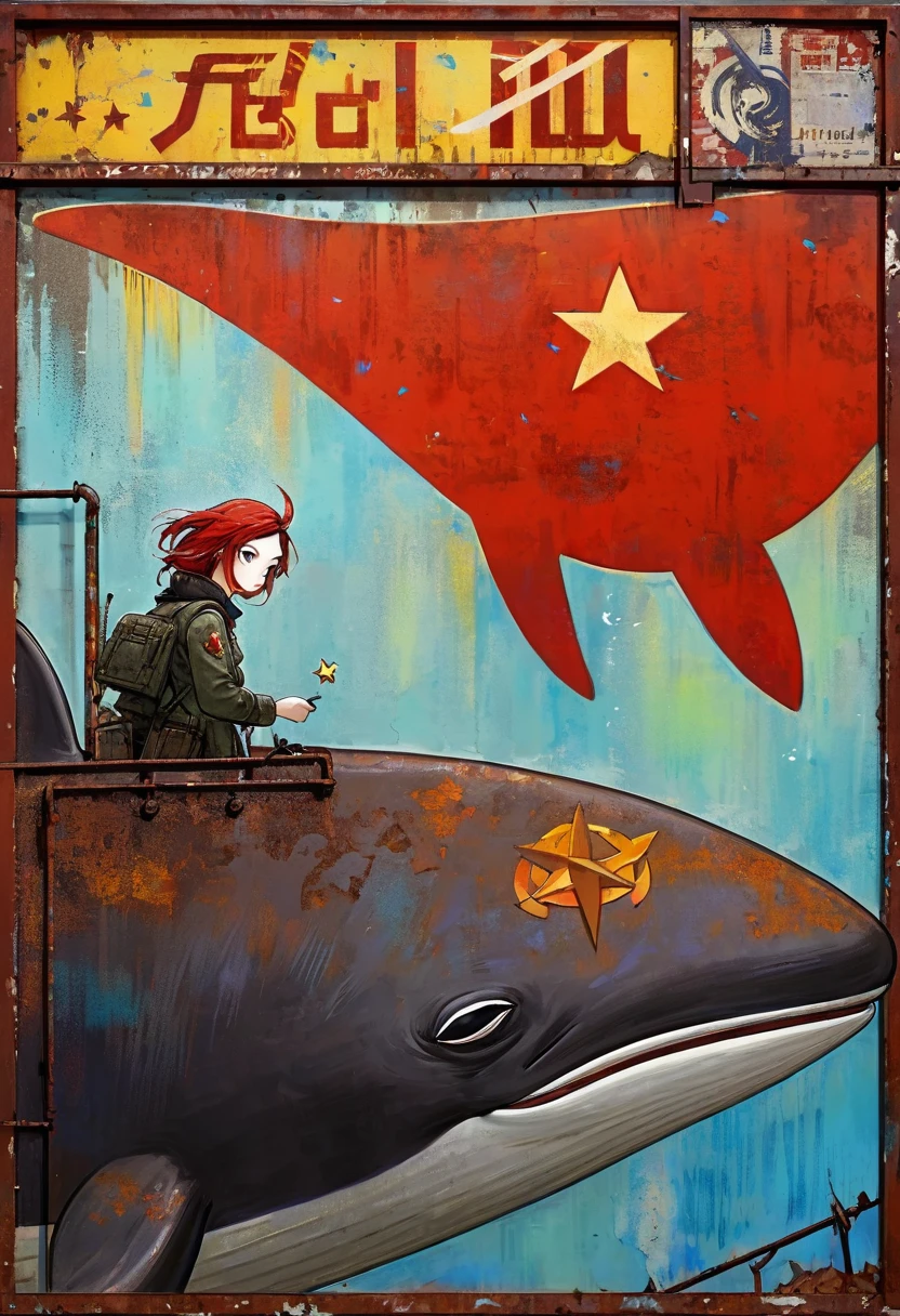 simple decorative rusty metal sign with a drawing of an 1killer whale and a 1communist star, artwork inspired by Dave McKean, vivid colors, intricate details, oil painting.