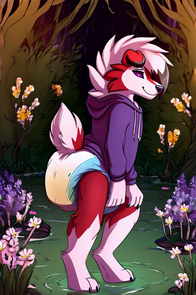 A lycanroc Midnight femboy wearing a dark purple sweatshirt and diaper with flowers standing in a dark magical forest inside a dirty and rotten swamp