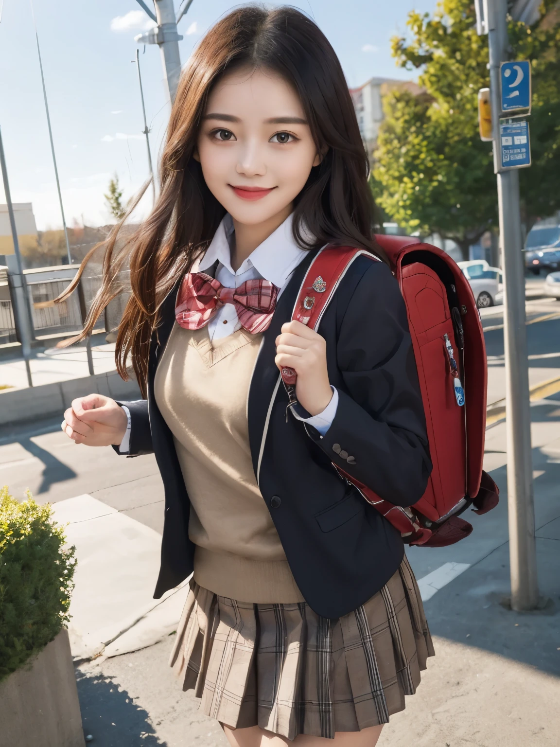 (masterpiece, best quality:1.0), highly detailed,  detail,  1girl , highschool student, long hair, brown hair, UNiform, red bowtie, collared shirt, sweater vest, blazer, black blazer, opened jacket, long sleeves, plaid skirt, brown skirt, outdoor, smile  standing, wearing backpack, (backpack:1.2)