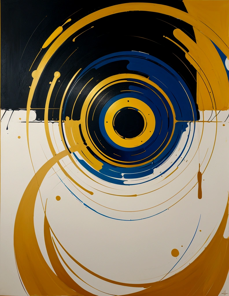 modern abstract painting, Golden, blue,yellow, Round asymmetrical abstract graphics, harmonious colors, major, high quality, Brushstrokes, balanced composition