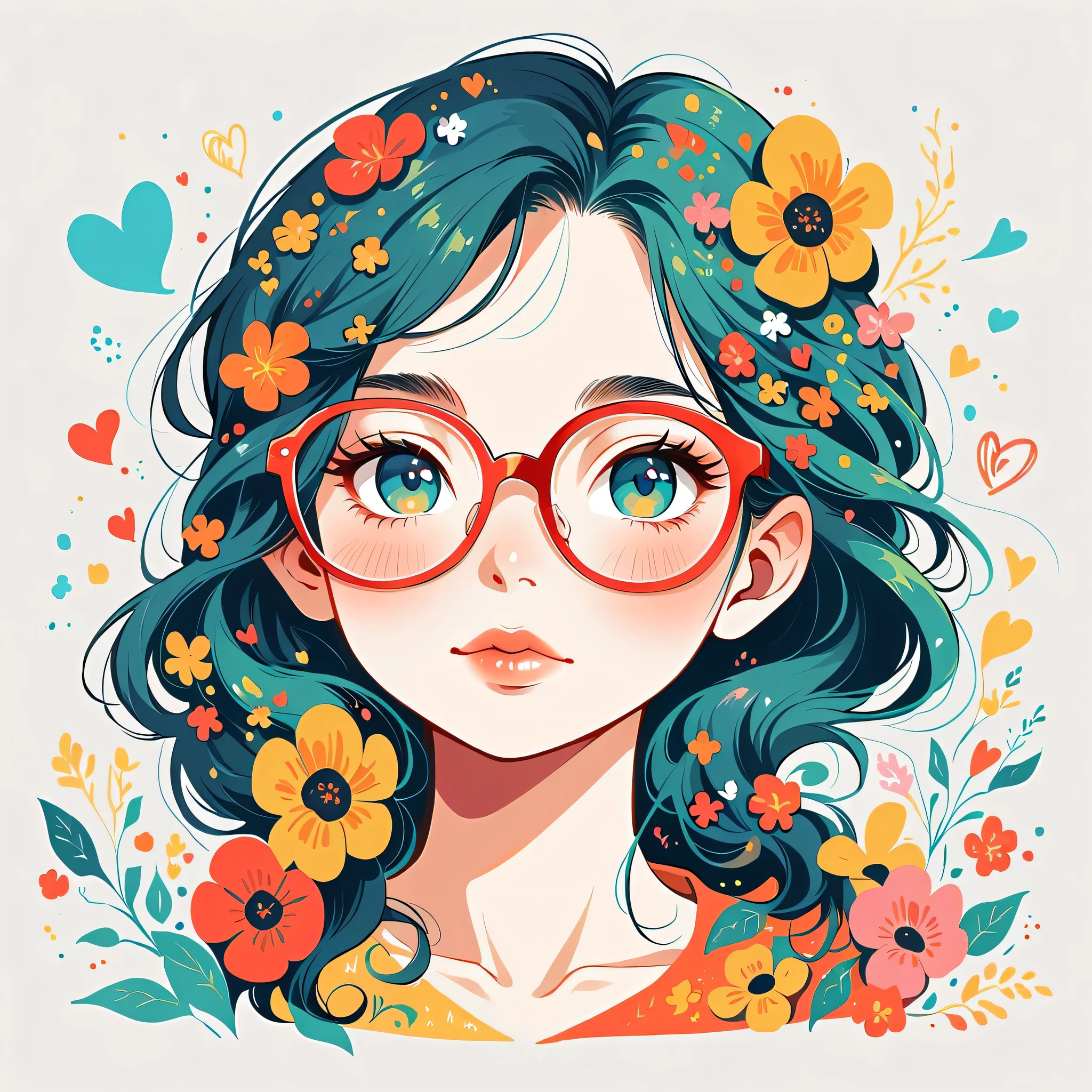 Black Star Red and White style, Simple Line Initialism，Abstract art，Urban Background, colorful hearts ,(((The most beautiful girl of all time))), Lips in love, stylish glasses