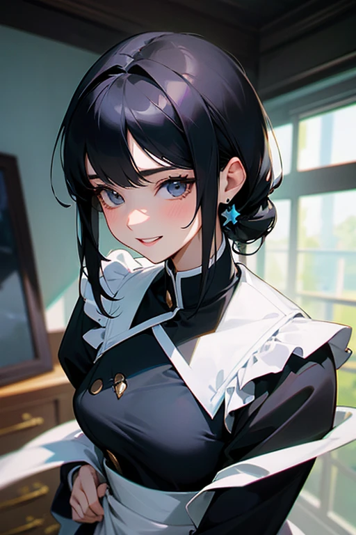 (Highest Resolution, clear_image) Highest quality, One woman, alone, masterpiece, Very detailed, Semi-realistic, Black Hairのショートヘア, Black Hair, bangs, 18-year-old, , light blue uniform, uniform, Indoor Background, kind, Authoritative, Powerful, exquisite features, exquisite features、Eyelashes become longer、Showing teeth、smile😀、Maid clothes、woman'Fingers in the、Sleeping on the sofa、Long Hair、Fluttering in the wind、Navy blue clothes、Long Hair、I'Carrying the plate、Long Hair、Laugh gently、Braiding、