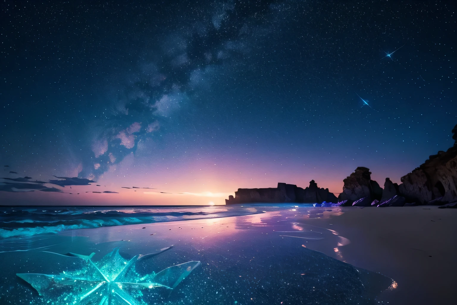 Starry sky on the dreamy beach, A piece of colorful fluorescent crystal pebbles sparkles, The surrounding seven-colored crystal star stones emit sparkling light, Glowing organisms, Colorful, Crystal clear, Sparkling, Very pretty., Smooth and delicate, Opal luminous, 8K ultra high definition, Ultra wide angle, anaglyph, stereogram, bloom, reflection light, vanishing point, Tonalism
