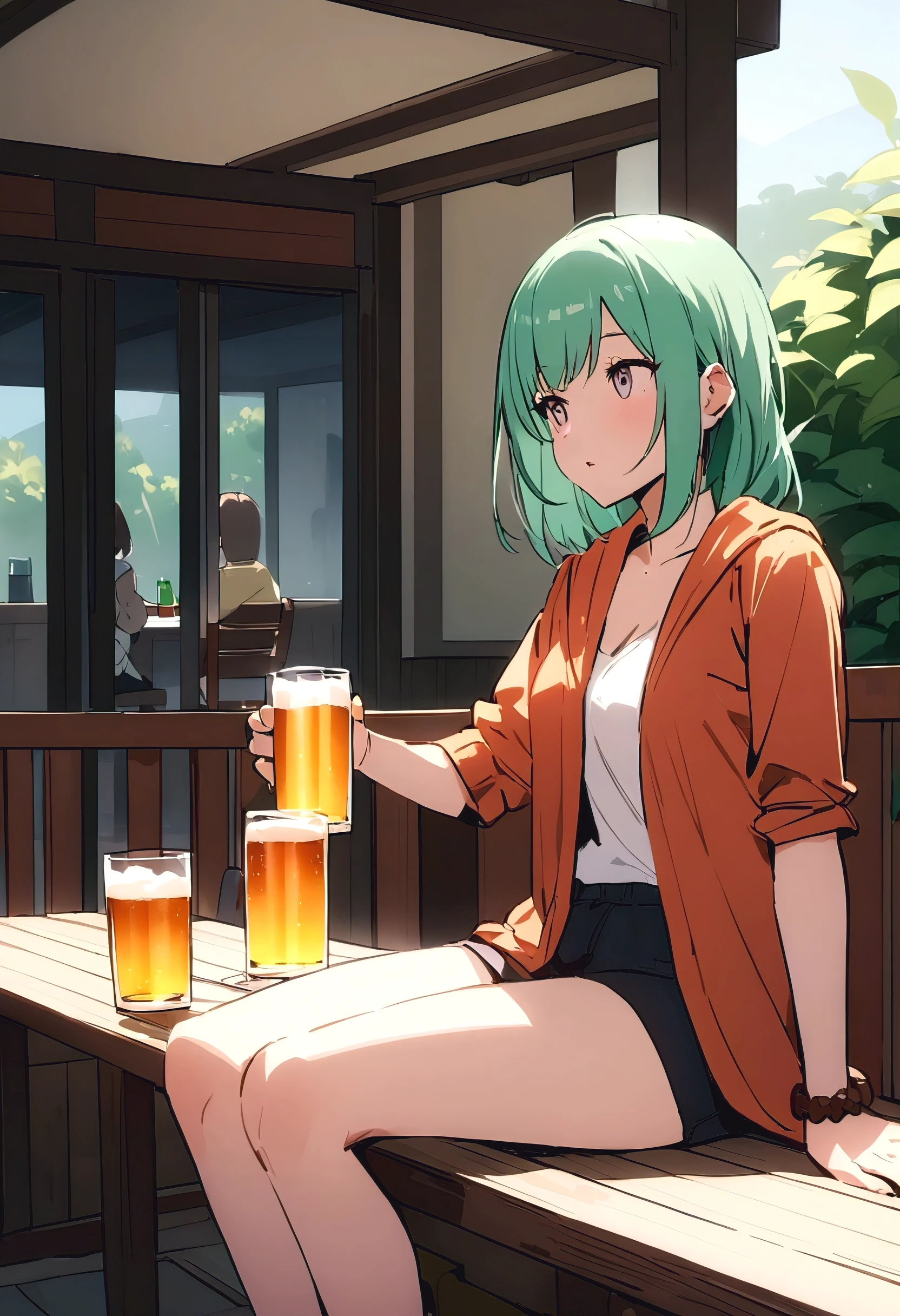 Very cool woman Sit and drink beer on your day off.