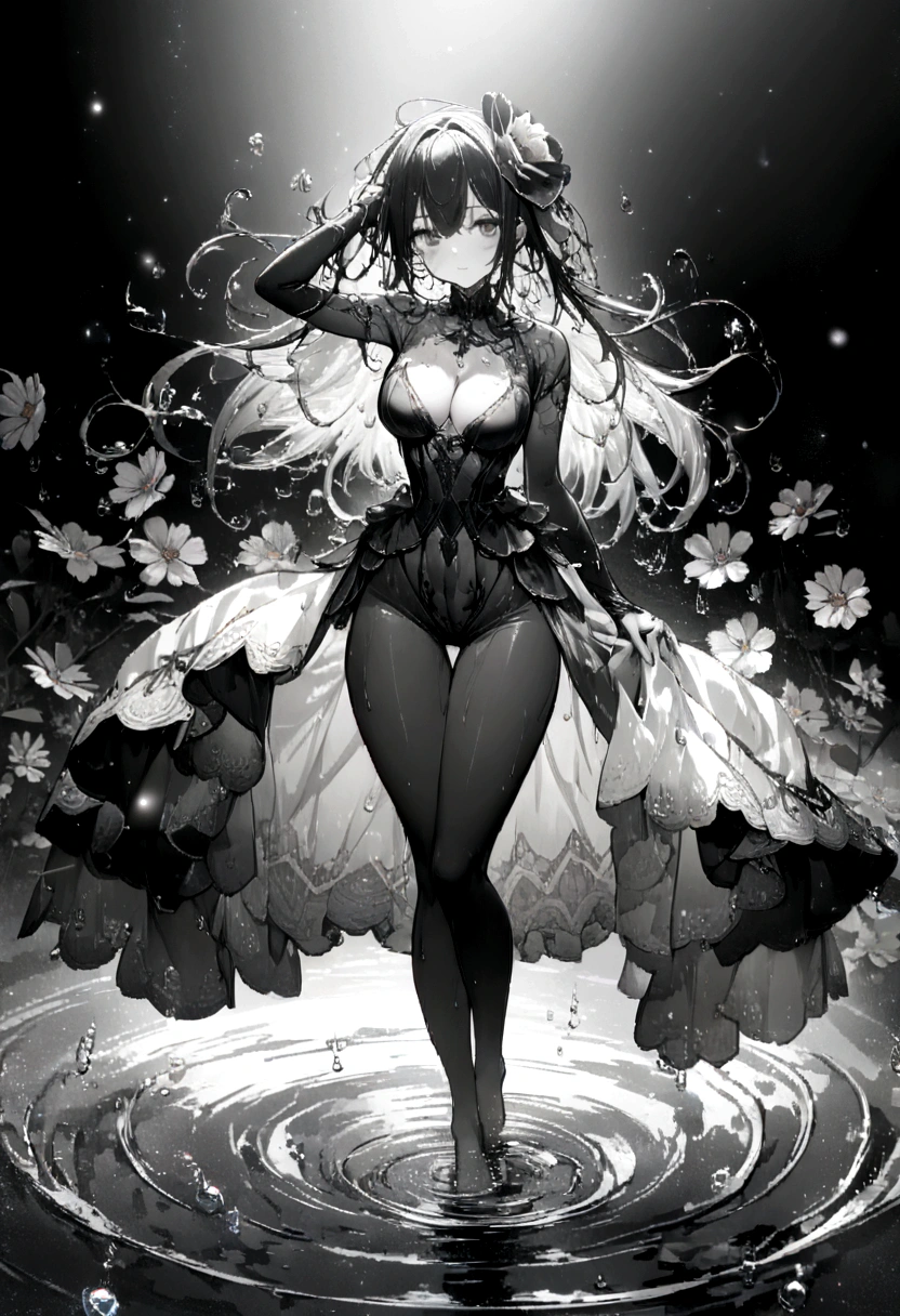 {{{{masterpiece}}}}, {{{hyper detailed}}}, {{{highres}}}, {{good }}, (((best quality))), ((an extremely delicate and beautiful)), {{an extremely detailed and delicate}}, {8k cg wallpaper}, {{illustration}}, (greyscale with colored background:1.1), ray tracing, bokeh, (colorful flowers:1.8), water, (water drop:1.8), (ripples:1.3), (reflection:1.1), (light particles:1.5), chromatic aberration, from above, full body, ( female), 1girl, solo, standing, hand on head, looking at the viewer, wet, blush, , cleavage adult content  foot job