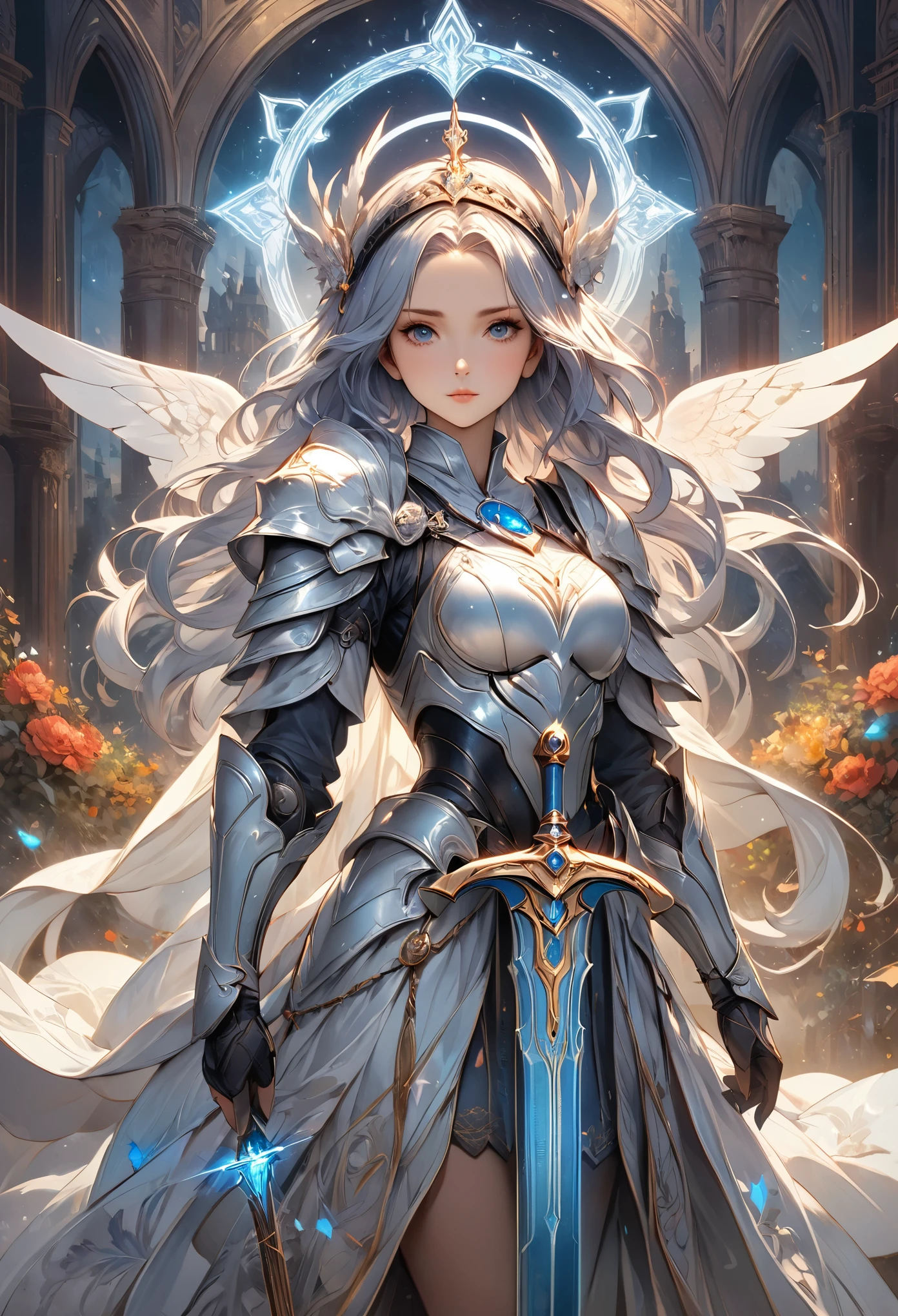 8K resolution, masterpiece, Highest quality, Award-winning works, unrealistic, sole sexy lady, healthy shaped body, 25 years old, white wavy long hair, hair band, big firm bouncing bust, ancient roman military commander's armor, Pure white armor with a complex structure, royal coat of arms, Raise the Excalibur, elegant, Very detailed, Digital Painting, artステーション, コンセプトart, Smooth, Sharp focus, shape, artジャム、Greg Rutkowski、Alphonse Mucha、William Adolphe Bouguereau、art：Stephanie Law , Magnificent royal background, Royal Jewel, nature, Full Shot, Symmetric, Greg Rutkowski, Charlie Bowwater, beep, Unreal 5, Surreal, Dynamic Lighting, ファンタジーart, Complex colors, Colorful magic circle, flash,  dynamic sexy poses