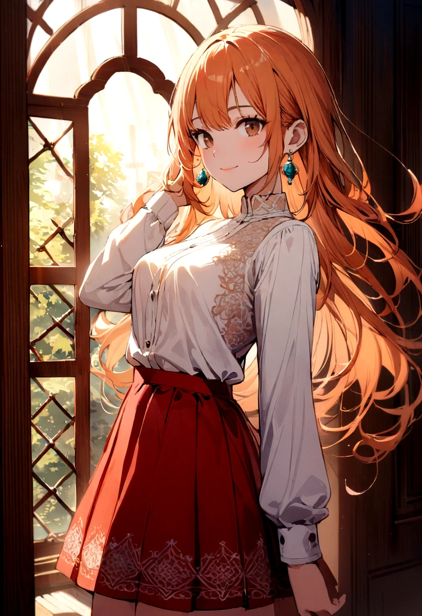 Masterpiece, ((ultra detailed background, delicate pattern, intricate detail)), (Very detailed, fine details), Best Quality, beautiful lighting, ((medium breasts, slender girl)), NamiFinal, ((White shirt, Red skirt)), simple shirt, 1 girl, Orange hair, Alone, wide, jewelry, Brown eyes, SMILE, earrings, covered shoulders, (complex detailed background, inside, room atmosphere, wooden walls, window, Light rays), (cowboy shot),  