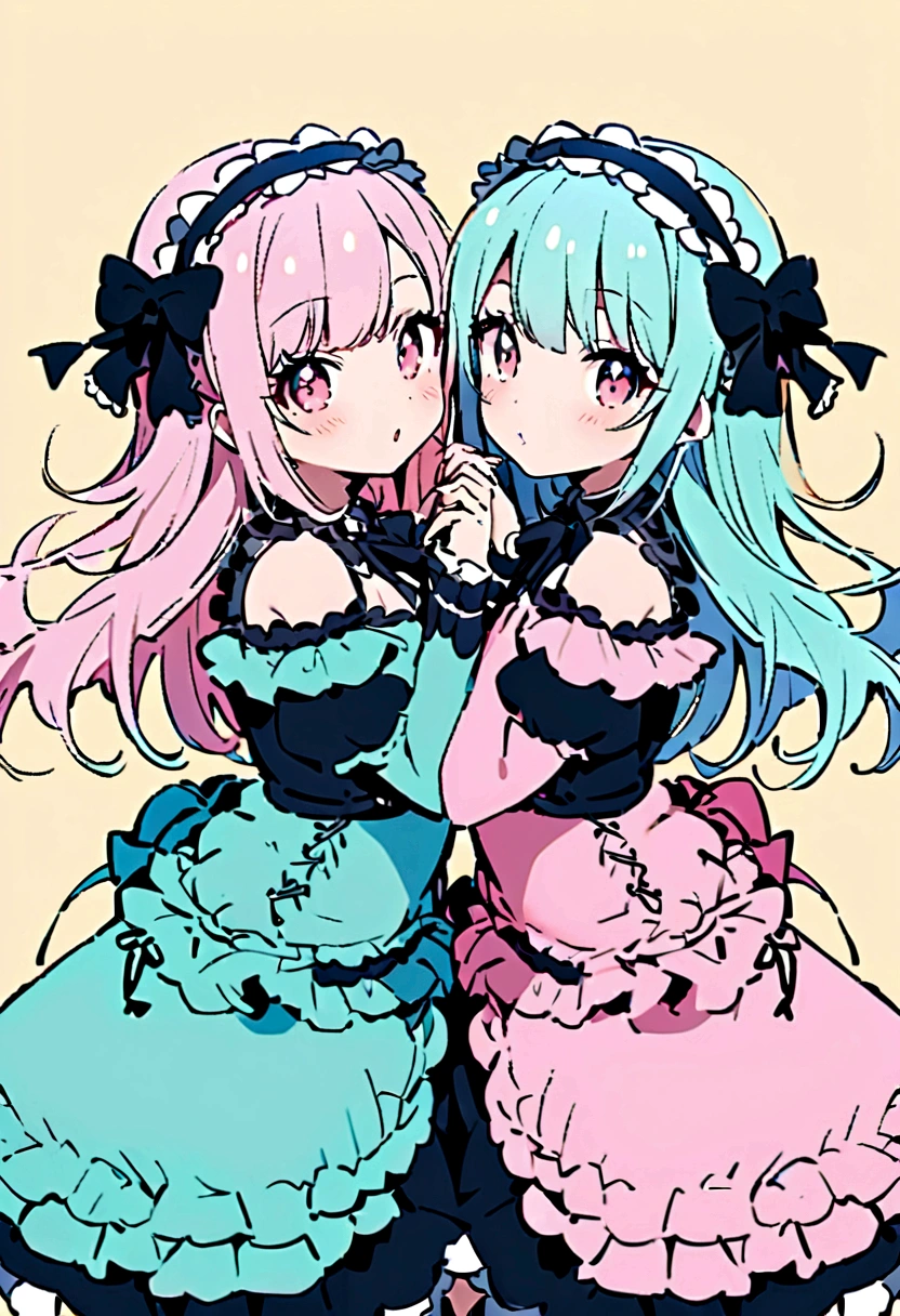 Girls with pink hair, long double-tailed hairstyle, ((small pink bushy eyebrows)), wearing lolita clothing, marked vagina, lolicon (Zankuro) drawing style by zankuro artist, Zancro style, image uploaded to R34, flirty smile, take a selfie from below, close-up, (( showing pubes )) in restaurant ((grabbing breast each other)) masturbing  each one