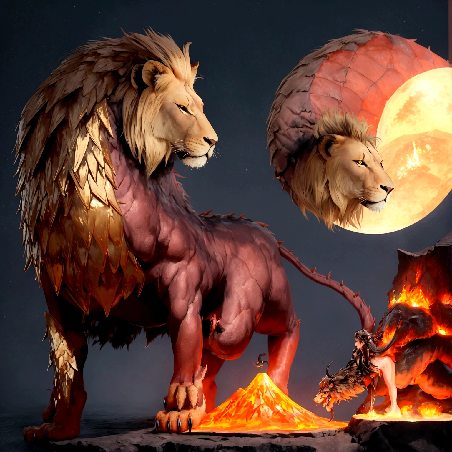 ((best quality)), ((masterpiece)), (detailed), 1 dragon fuse with lion, stand with gorgeous pose, background full of volcano, in the world of abyss, breathing a dark spirited fire.
