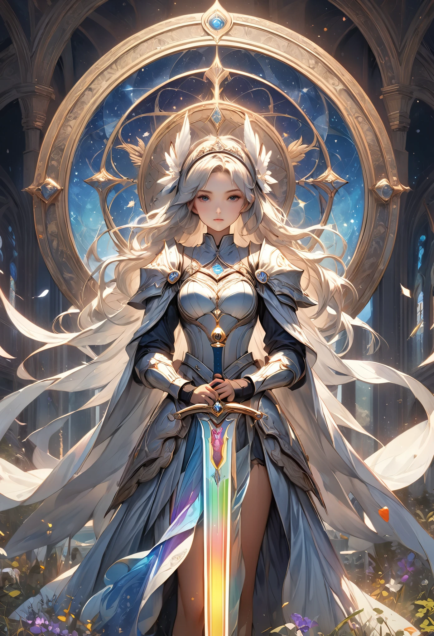 8K resolution, masterpiece, Highest quality, Award-winning works, unrealistic, sole sexy lady, healthy shaped body, 25 years old, white wavy long hair, hair band, big firm bouncing bust, ancient roman military commander's armor, Pure white armor with a complex structure, royal coat of arms, Raise the Excalibur, elegant, Very detailed, Digital Painting, artステーション, コンセプトart, Smooth, Sharp focus, shape, artジャム、Greg Rutkowski、Alphonse Mucha、William Adolphe Bouguereau、art：Stephanie Law , Magnificent royal background, Royal Jewel, nature, Full Shot, Symmetric, Greg Rutkowski, Charlie Bowwater, beep, Unreal 5, Surreal, Dynamic Lighting, ファンタジーart, Complex colors, Colorful magic circle, flash,  dynamic sexy poses