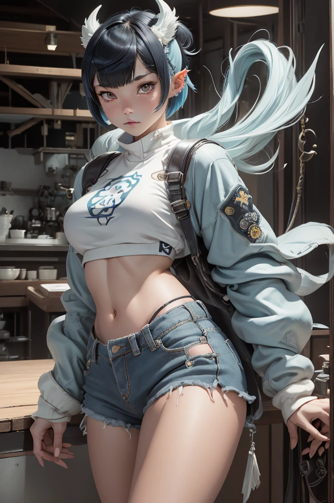 Highest quality, (Tabletop:1.2), 非常にdetailedな, One Girl, alone, Looking at the audience, (Upper Body:1.2), Erotica、Highest quality, Very beautiful, Very delicate 8K wallpaper, Super beautiful girl, masterpieceのface, (masterpieceの目:1.5), (Pixie Cut Hair:1.3),Gal, (Anatomically correct,),masterpiece, Highest quality, Raw photo, Photorealistic, face, unbelievably ridiculous, Beautiful girls, cute, Blunt bangs, Depth of written boundary, High resolution, 超detailedな, detailed, ighly detailedd, extremely detailedd eye and face, Sharp pupils, Realistic students, Sharp focus, Cinema Lighting,masterpiece, (Highest quality: 1.2), (Super quality: 1.2), figure, (Very delicate and beautiful: 1.2), Film Angle, floating, (Beautiful detailing: 1.1), (Detail Light: 1.1), Film Light, Highest quality:0.8), (Highest quality:0.8) Beastman Wolverine Girl Princess Mononoke Sideburns Cyberpunk Wolf Girl,Flexible outfit、Hairy、ケモガールHighest quality:0.8), (Highest quality:0.8), Perfect anime illustration, A girl with a casual side ponytail and cropped hair、Future punkish distressed jeans、Middle finger up。Sneakers that look light on the feet。light blue lip。Sharp Eyes。Overall image of a toned body。