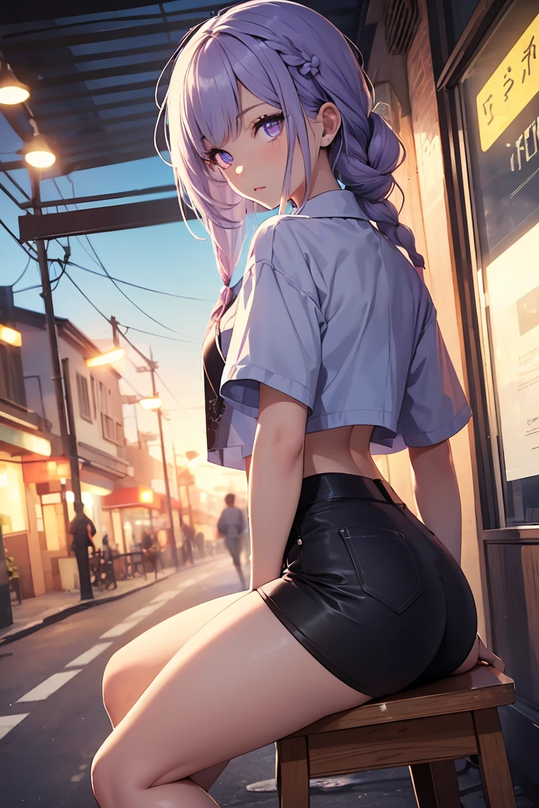 ((1 Girl)), (Low Angle), (Looking up), Sexy look, Latest Trends in Clothing, Sit on a chair, Neon Color Fashion, Put your hands in your pockets, Street fashion,camisole , mini skirt, Cowboy Shot,((Very detailed,Highest quality, High resolution, 8k wallpaper, Beautiful clothes,)),((Light purple hair, Shortcuts,Braided hair)) ,eye shadow, eyeliner,Glowing Eyes, Very detailedな目, Clear Eyes, Beautiful Eyes, 18-year-old girl.